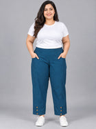 Teal Blue Cotton Straight Cargo Pant