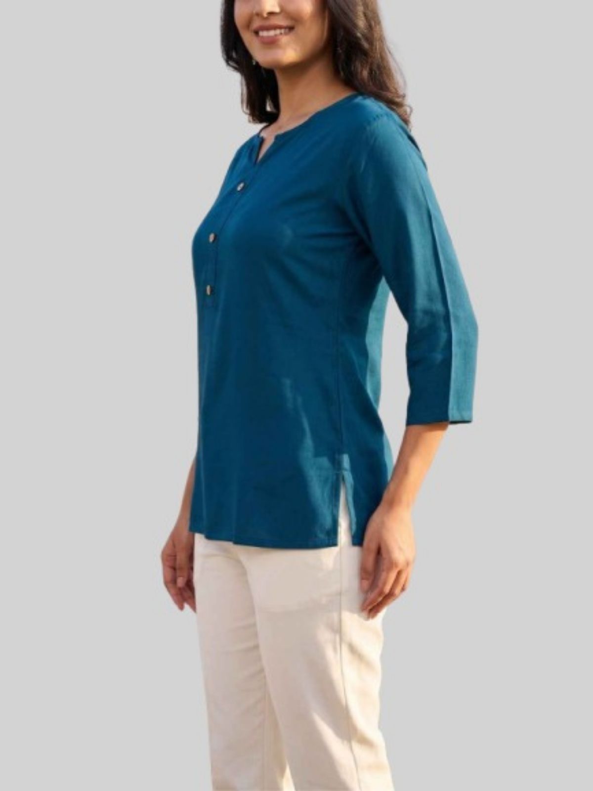 Women Coffee & TealBlue Rayon Short Kurti