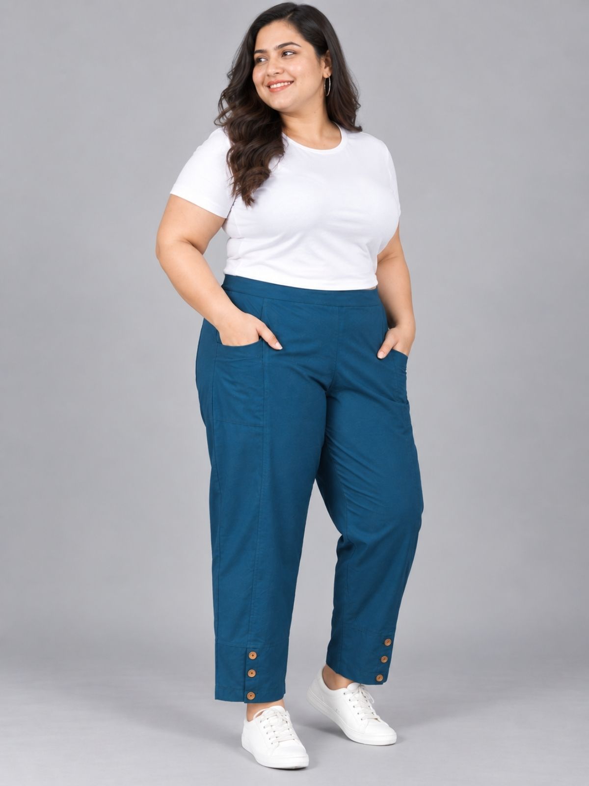 Teal Blue Cotton Straight Cargo Pant