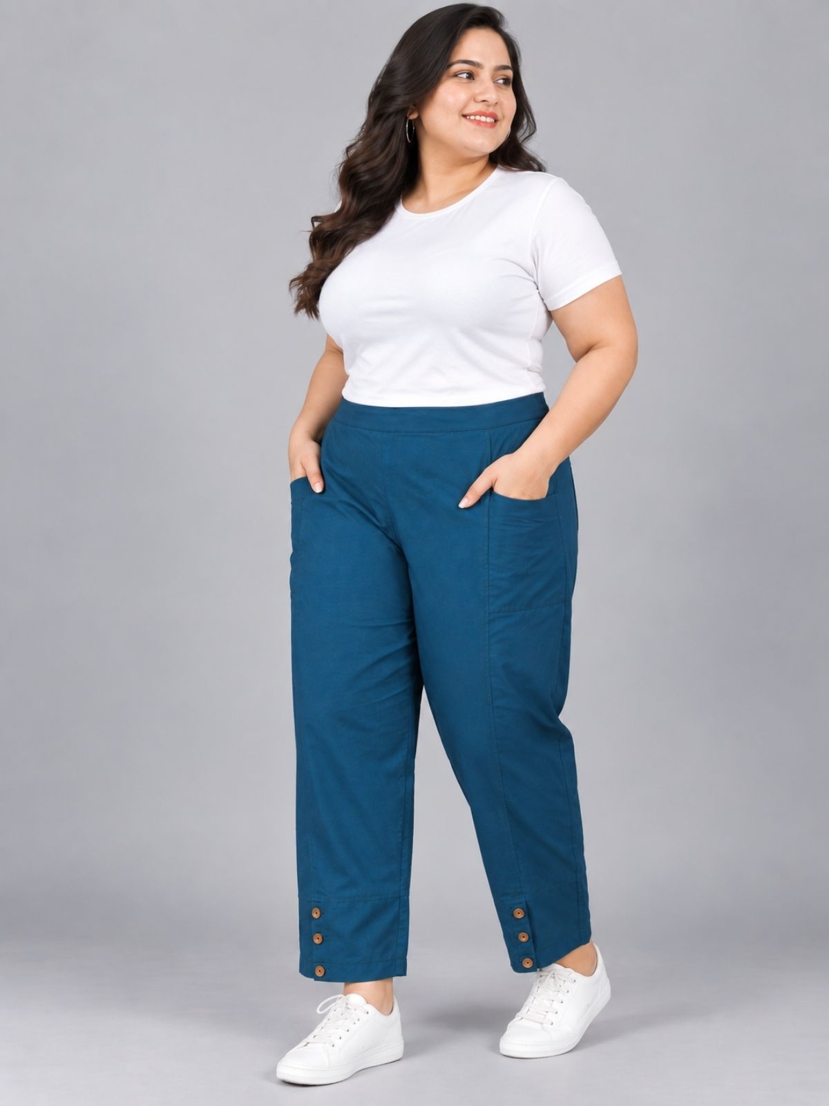 Teal Blue Cotton Straight Cargo Pant