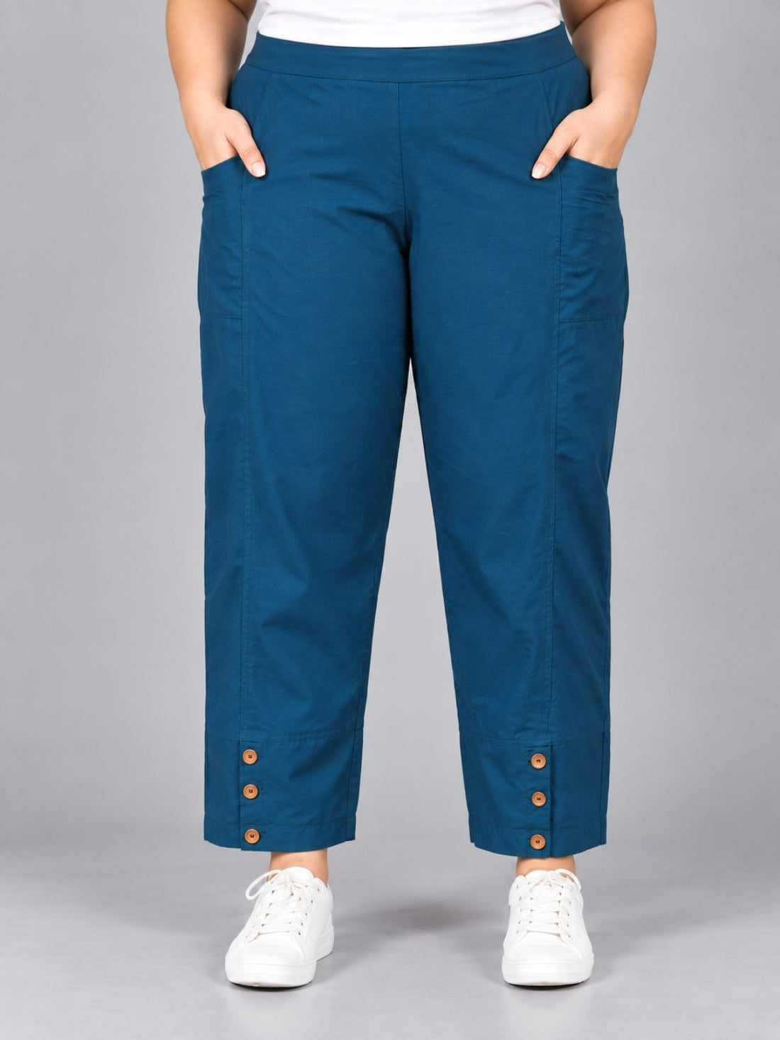 Teal Blue Cotton Straight Cargo Pant