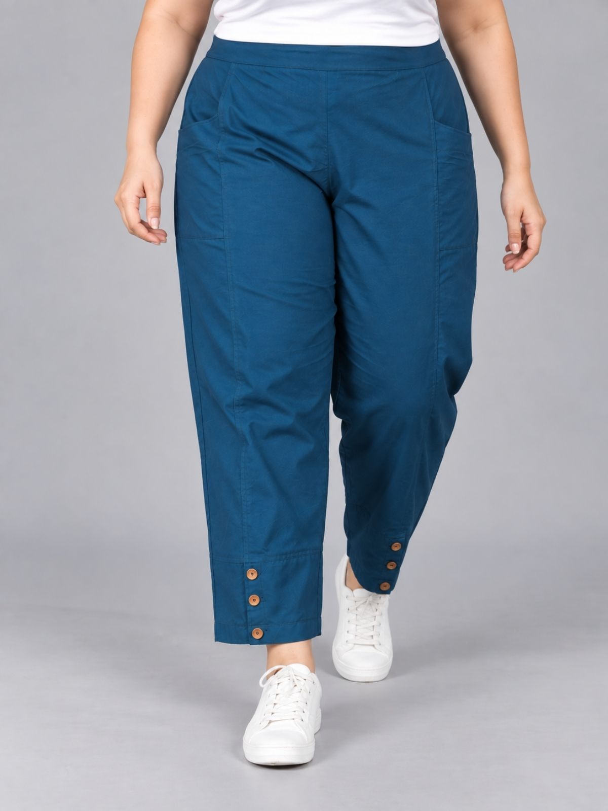 Teal Blue Cotton Straight Cargo Pant