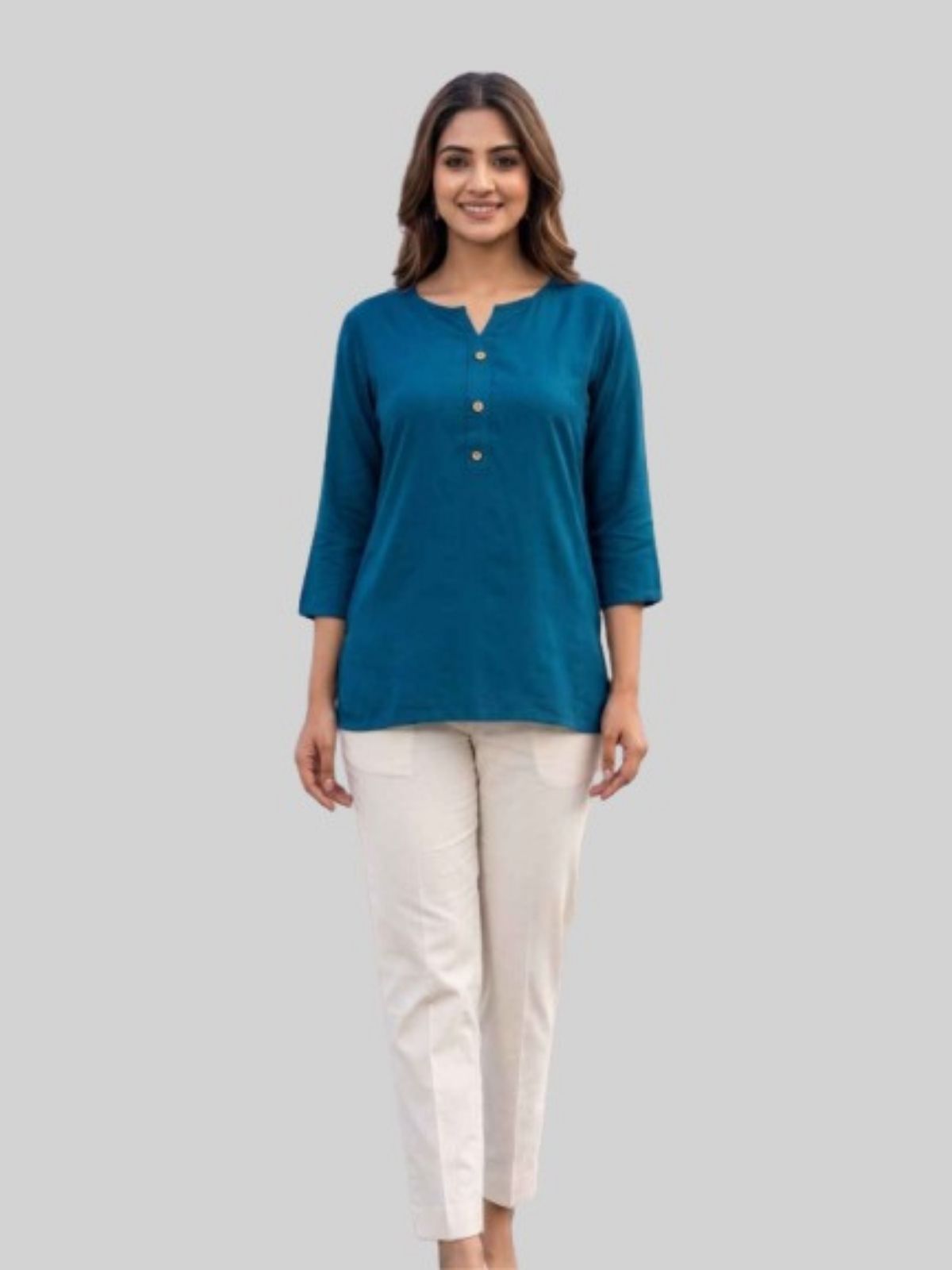 Women Coffee & TealBlue Rayon Short Kurti