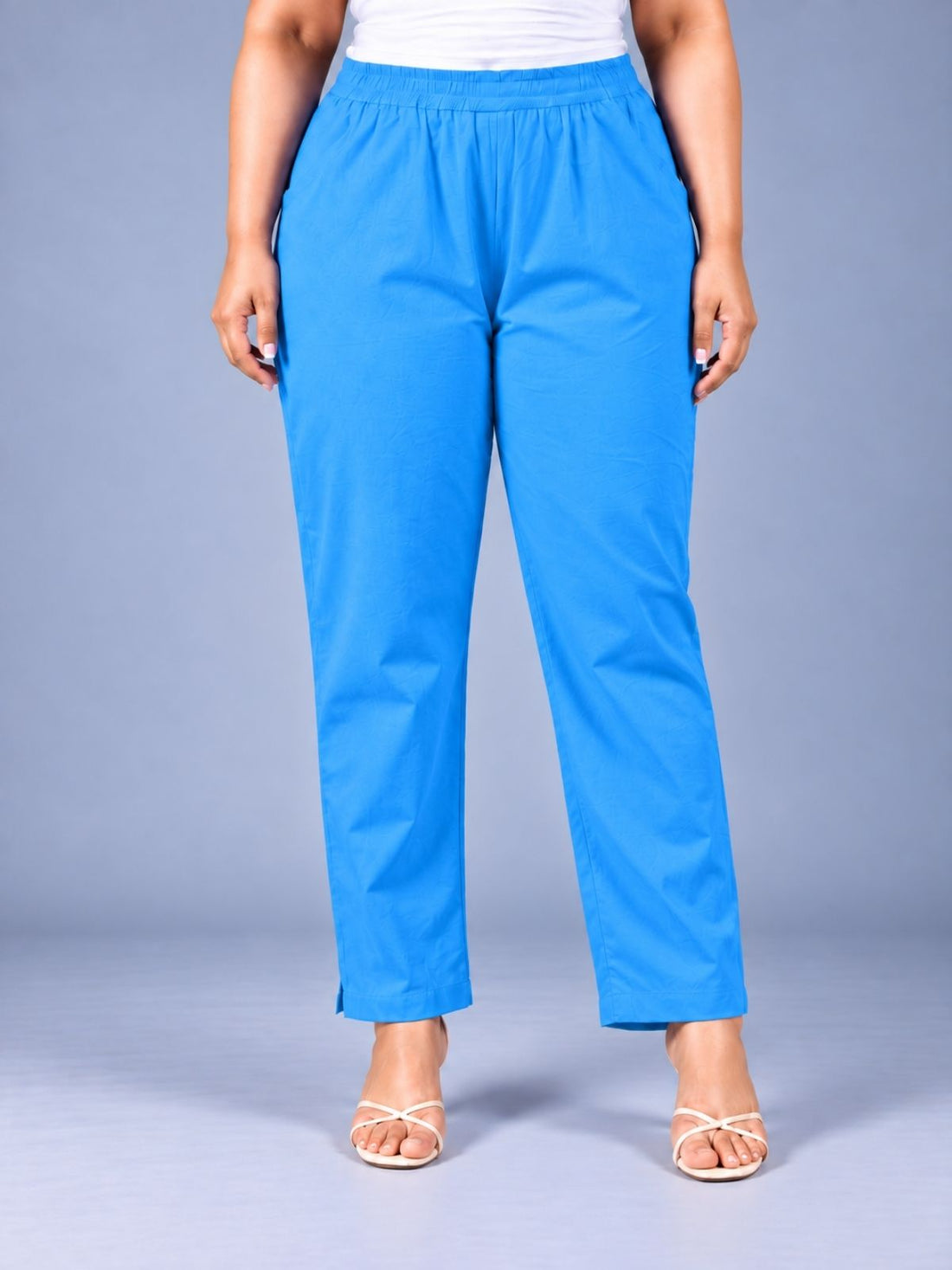 Turquoise Regular Fit Elastic Plus Sizes Cotton Trouser