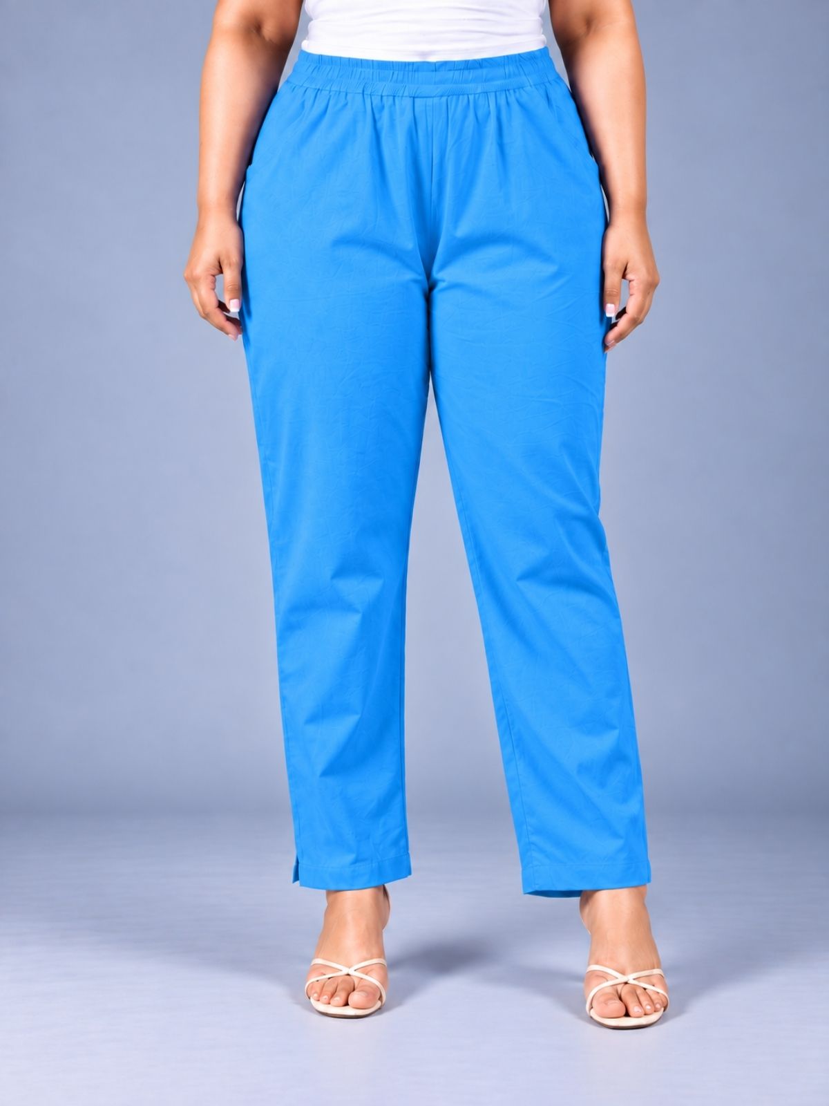 Turquoise Regular Fit Elastic Plus Sizes Cotton Trouser