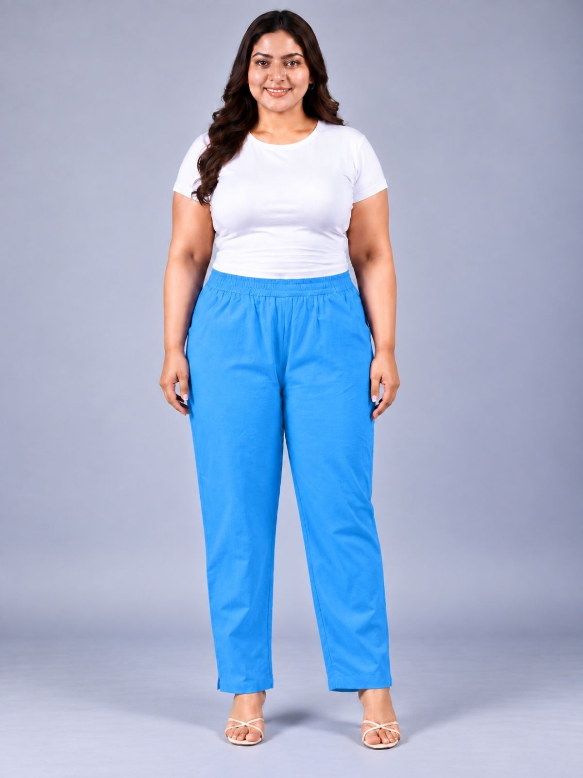 Turquoise Regular Fit Elastic Plus Sizes Cotton Trouser