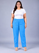 Turquoise Regular Fit Elastic Plus Sizes Cotton Trouser