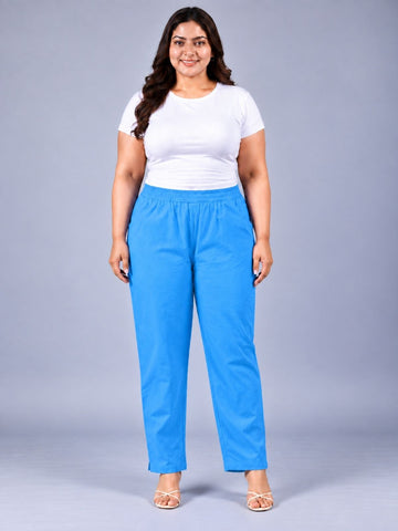 Turquoise Regular Fit Elastic Plus Sizes Cotton Trouser