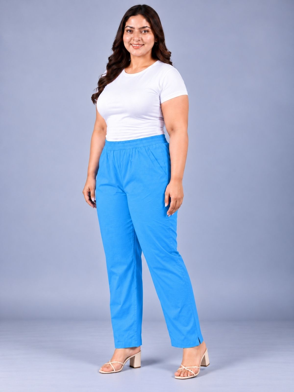 Turquoise Regular Fit Elastic Plus Sizes Cotton Trouser