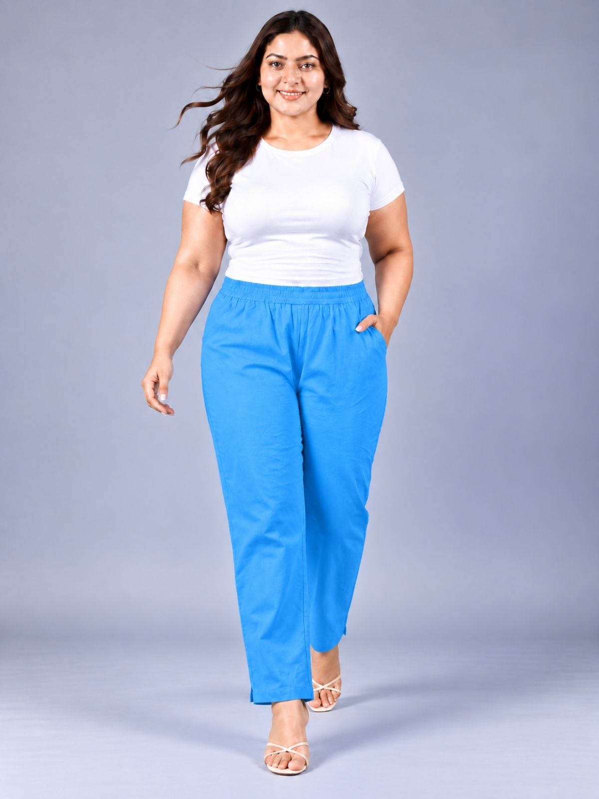 Turquoise Regular Fit Elastic Plus Sizes Cotton Trouser