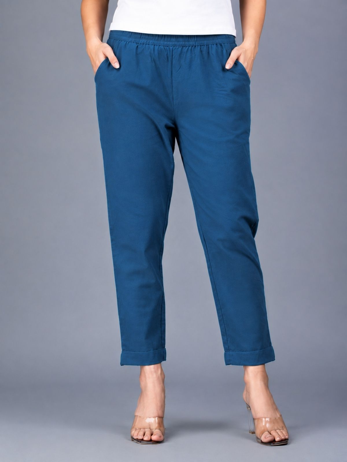 Bottle Green & Tealblue Regular Fit Elastic Cotton Trouser Combo