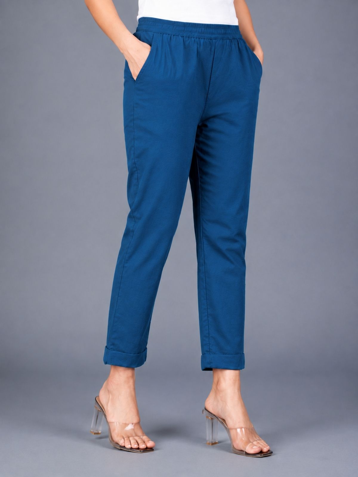 Beige & Tealblue Regular Fit Elastic Cotton Trouser Combo