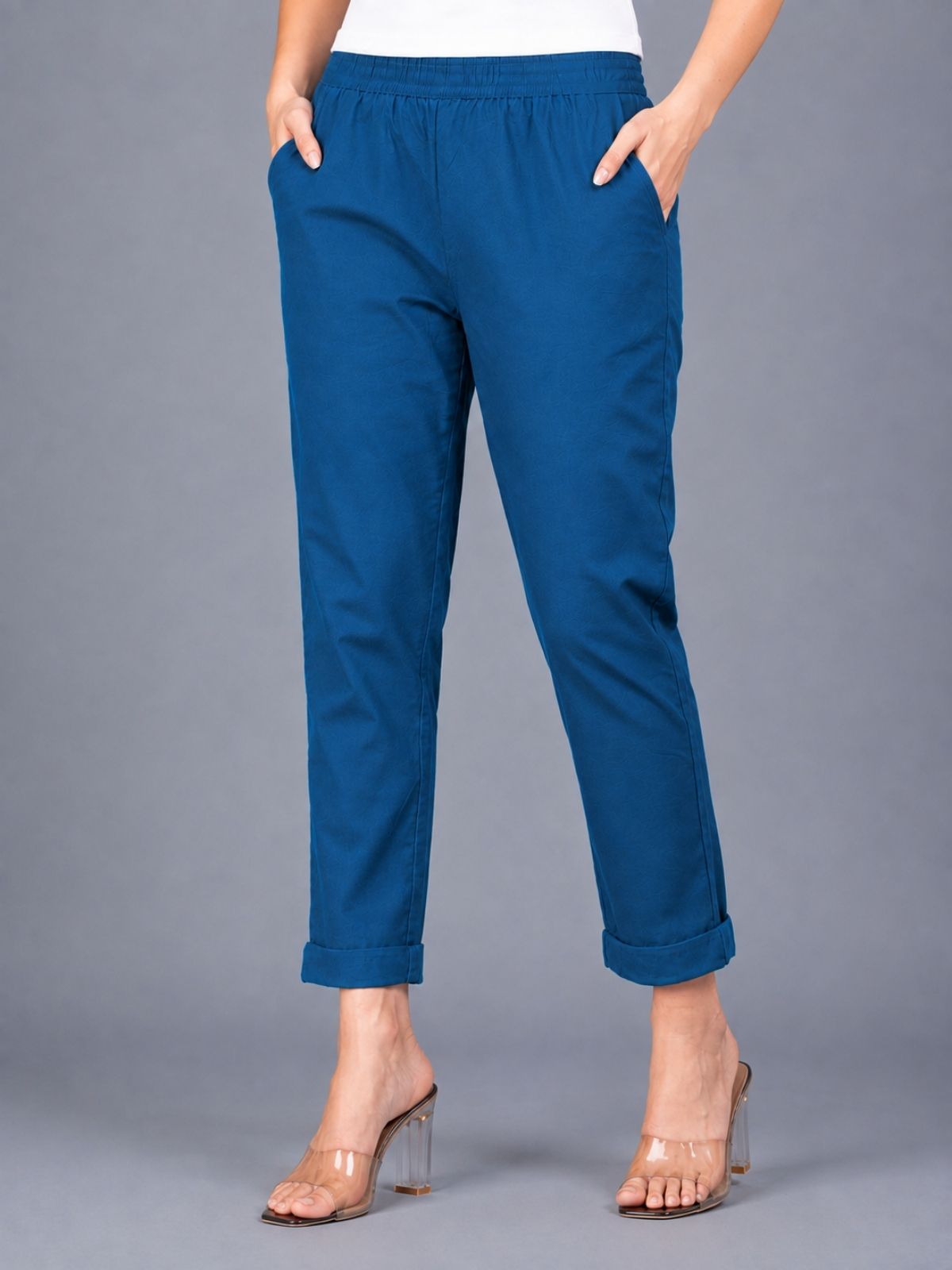 Tealblue & White Regular Fit Elastic Cotton Trouser Combo
