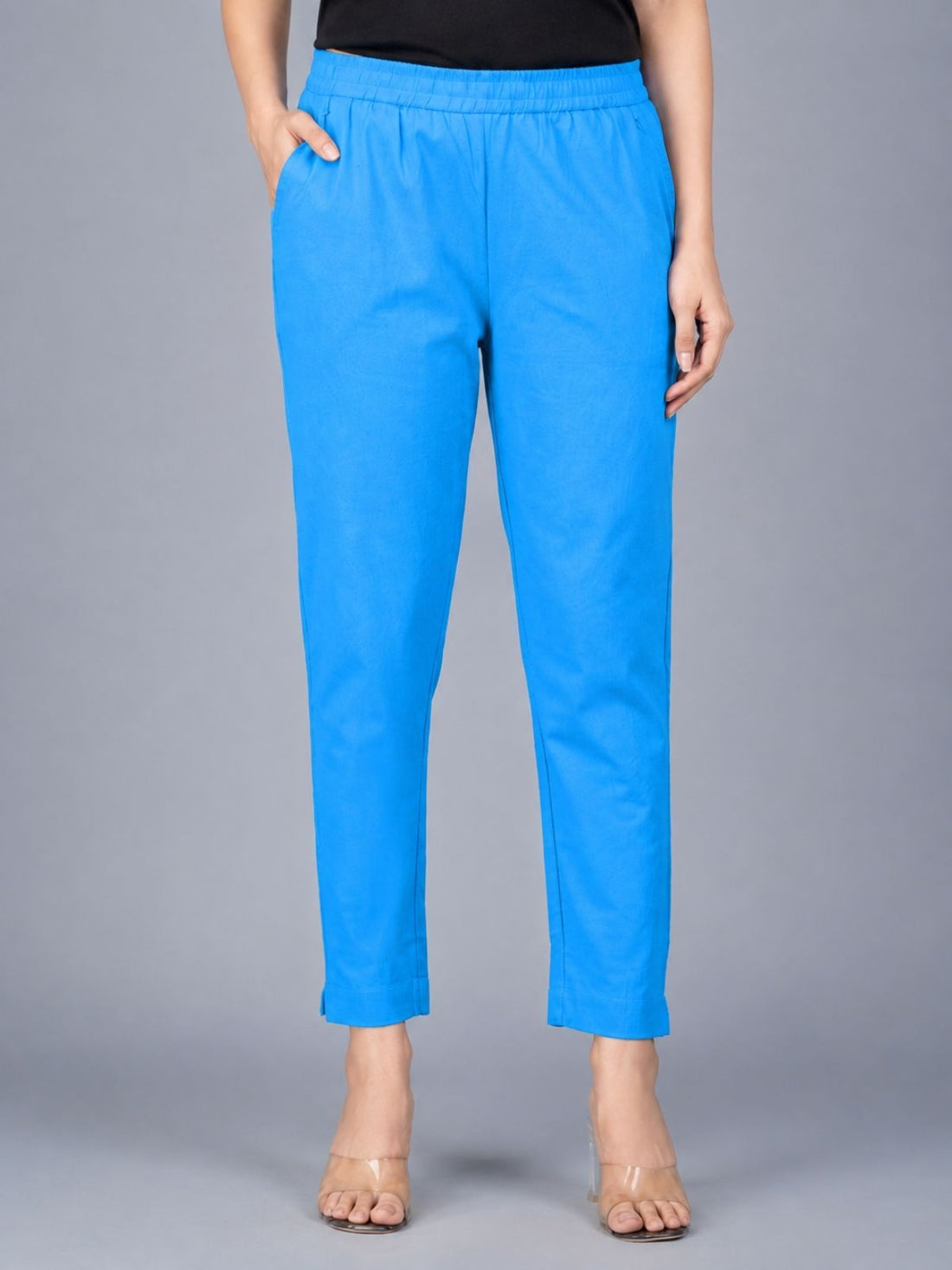 Turquoise & White Regular Fit Elastic Cotton Trouser Combo