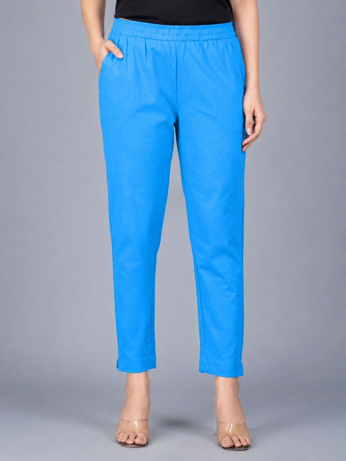 Black & Turquoise Regular Fit Elastic Cotton Trouser Combo