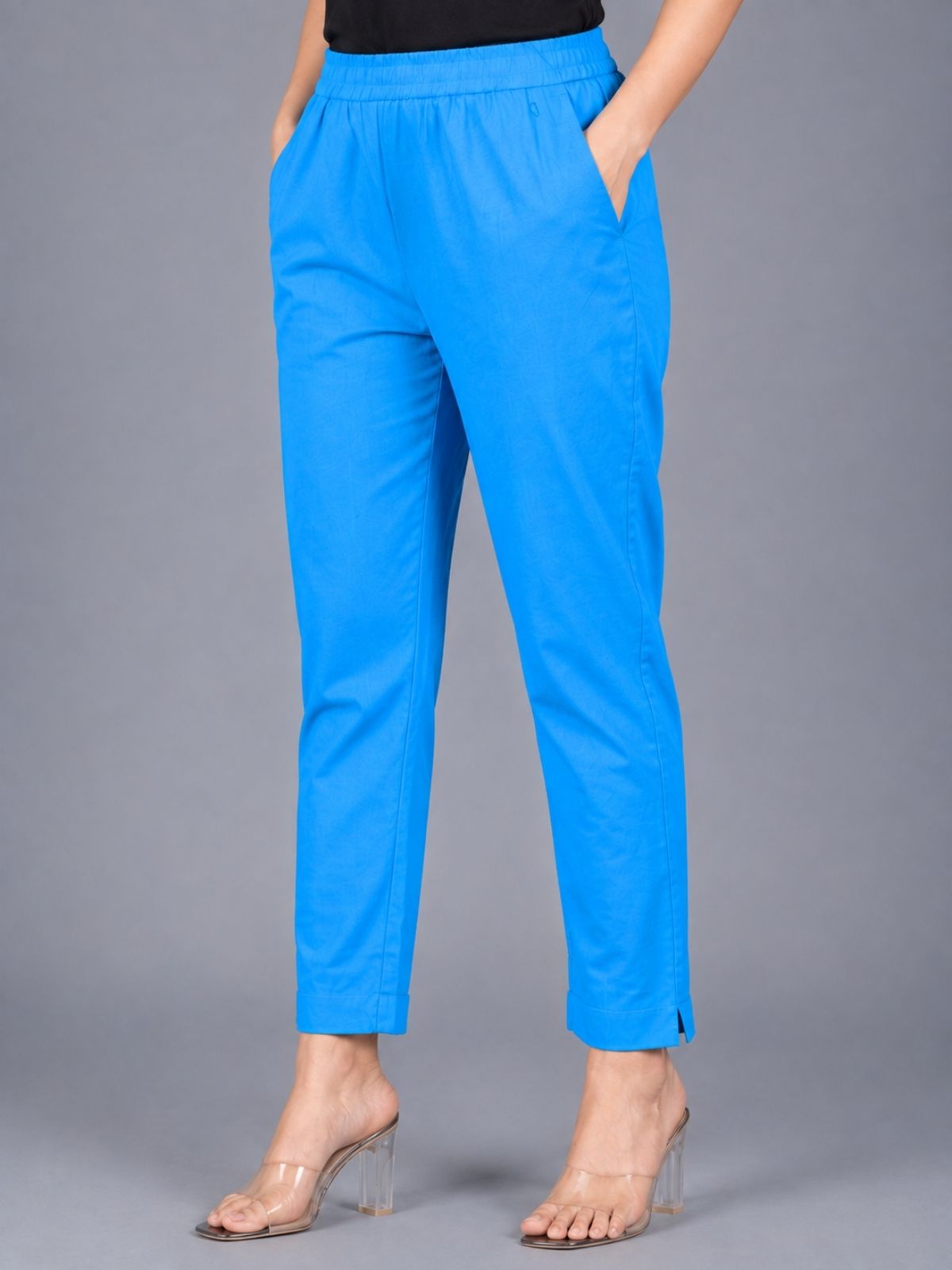 Beige & Turquoise Regular Fit Elastic Cotton Trouser Combo