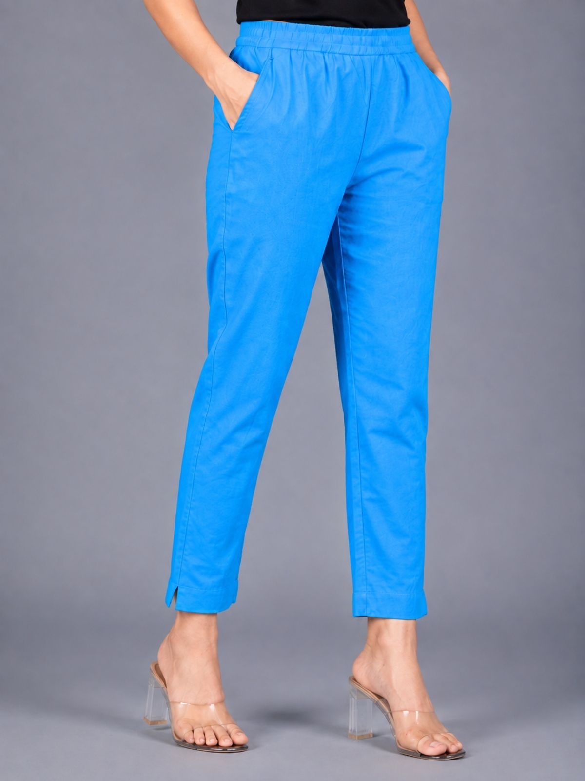 Beige & Turquoise Regular Fit Elastic Cotton Trouser Combo