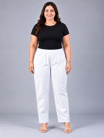 White Regular Fit Elastic Plus Sizes Cotton Trouser