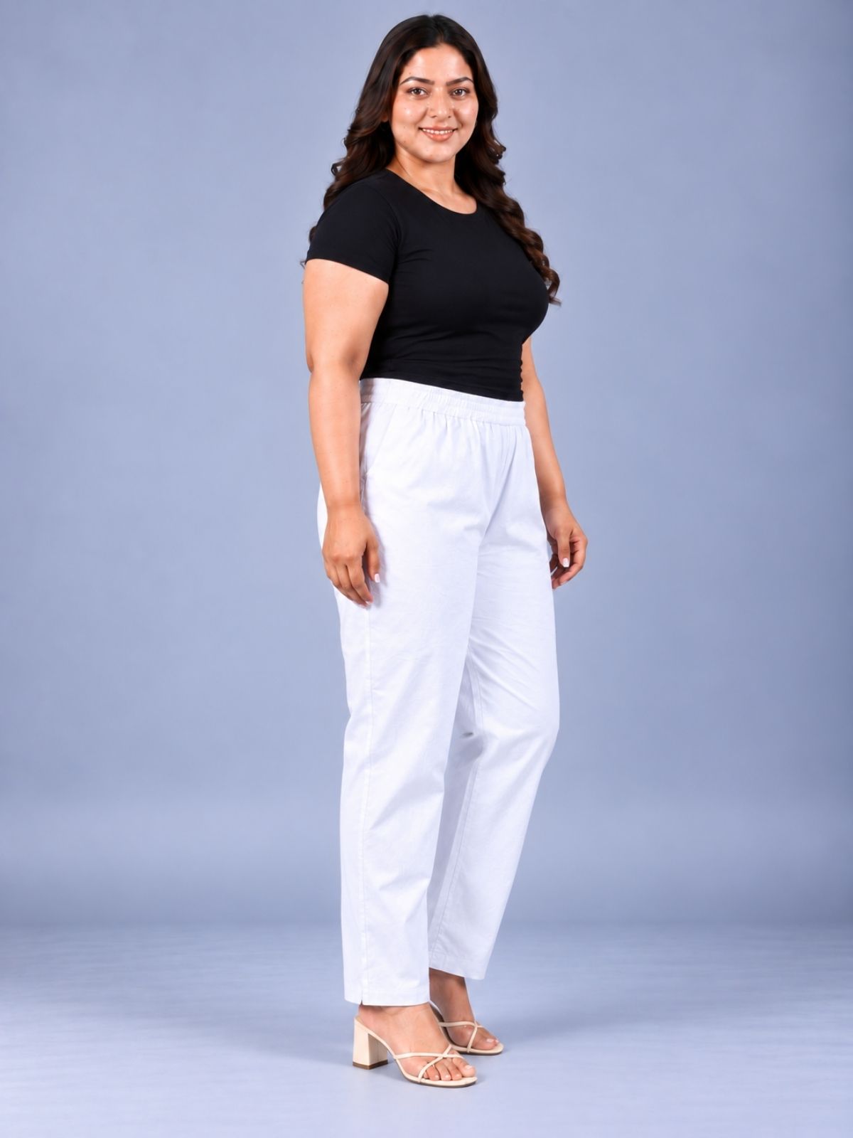 White Regular Fit Elastic Plus Sizes Cotton Trouser