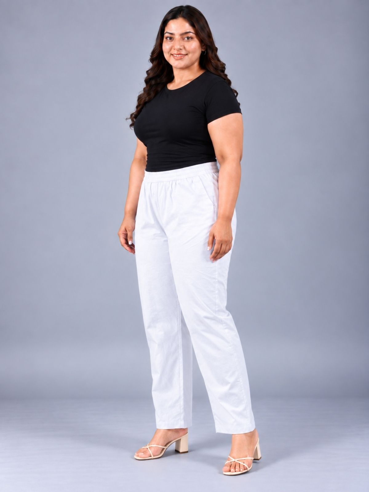 White Regular Fit Elastic Plus Sizes Cotton Trouser