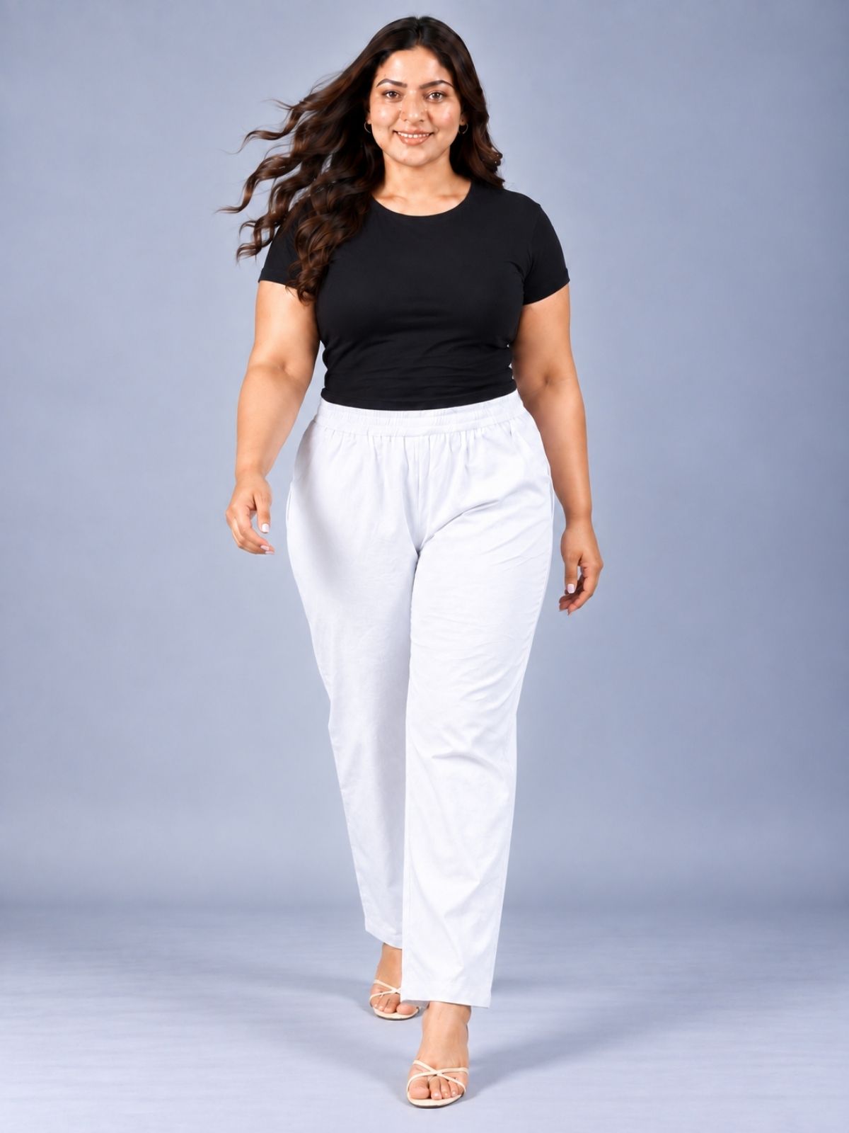 White Regular Fit Elastic Plus Sizes Cotton Trouser