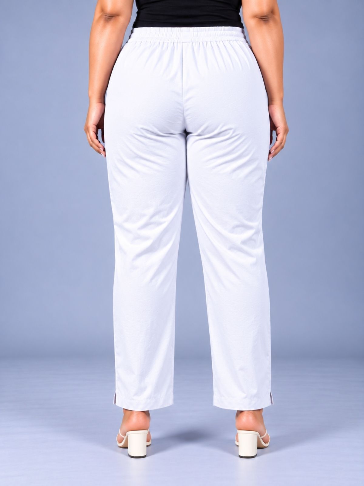 White Regular Fit Elastic Plus Sizes Cotton Trouser