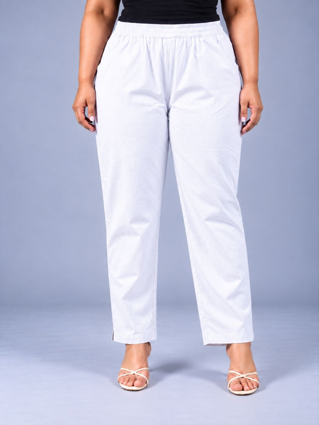 White Regular Fit Elastic Plus Sizes Cotton Trouser