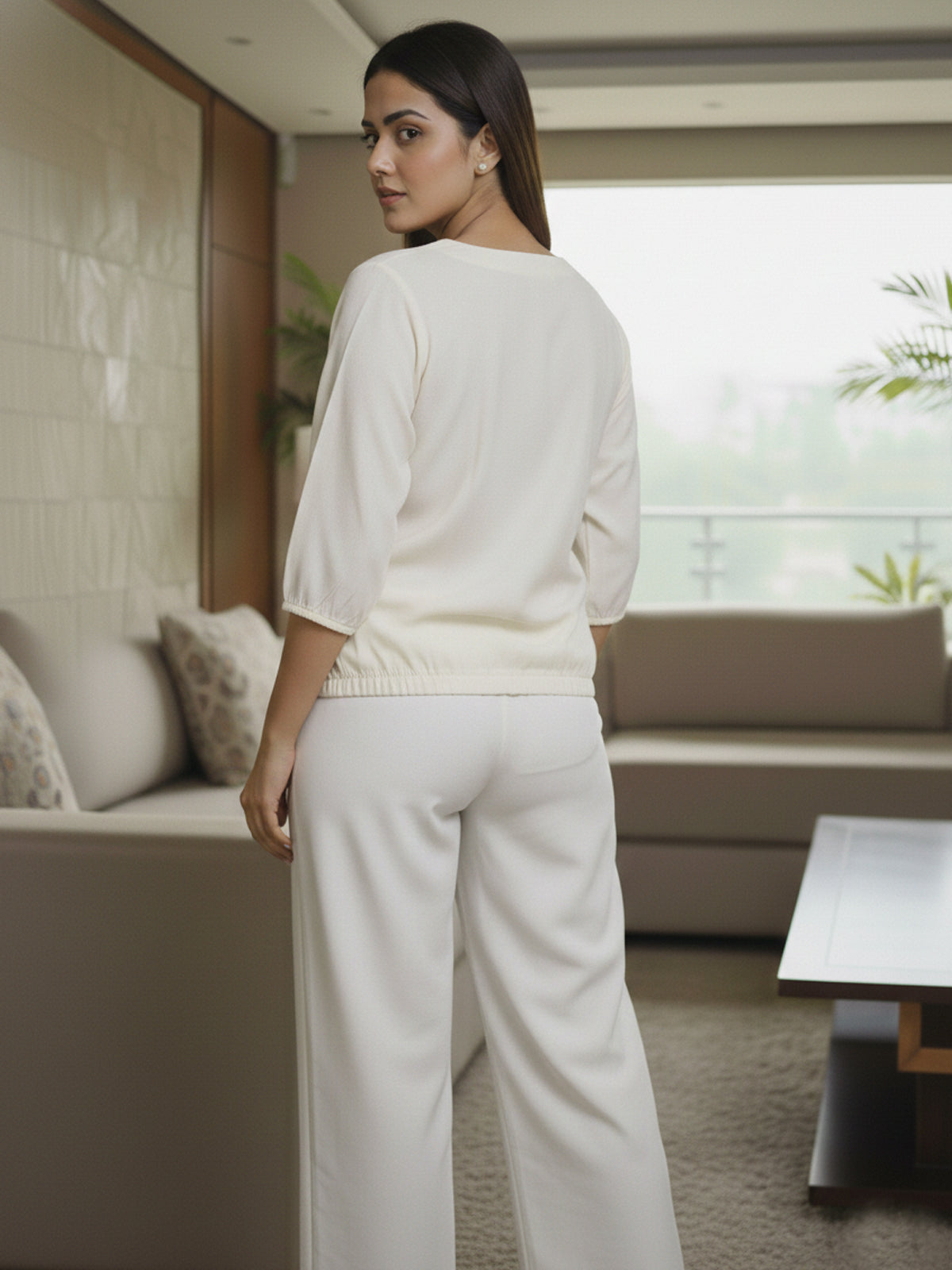 Cream Viscose Elastic Waist Tops