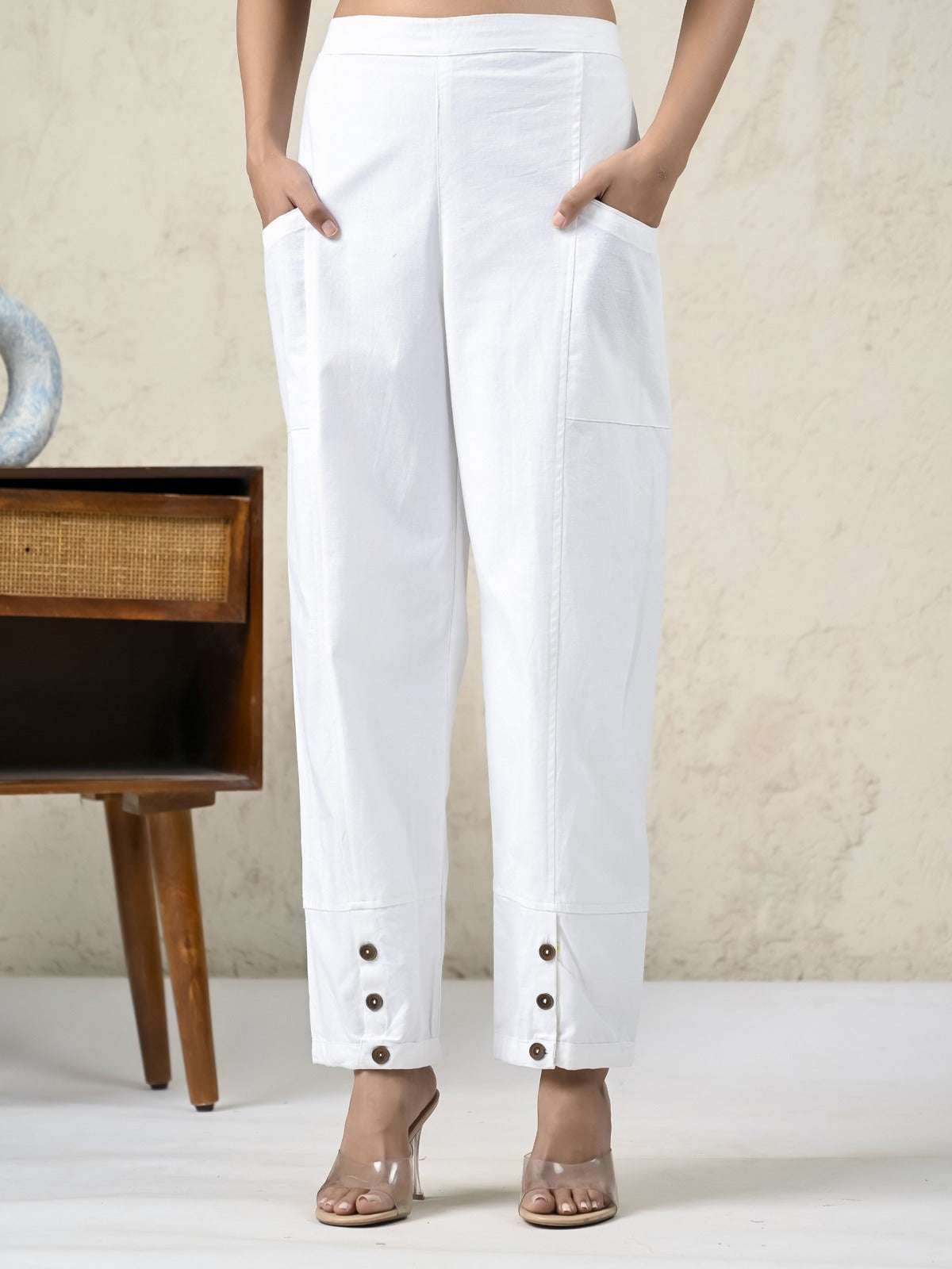Mehndi & White Cotton Straight Cargo Pant Combo