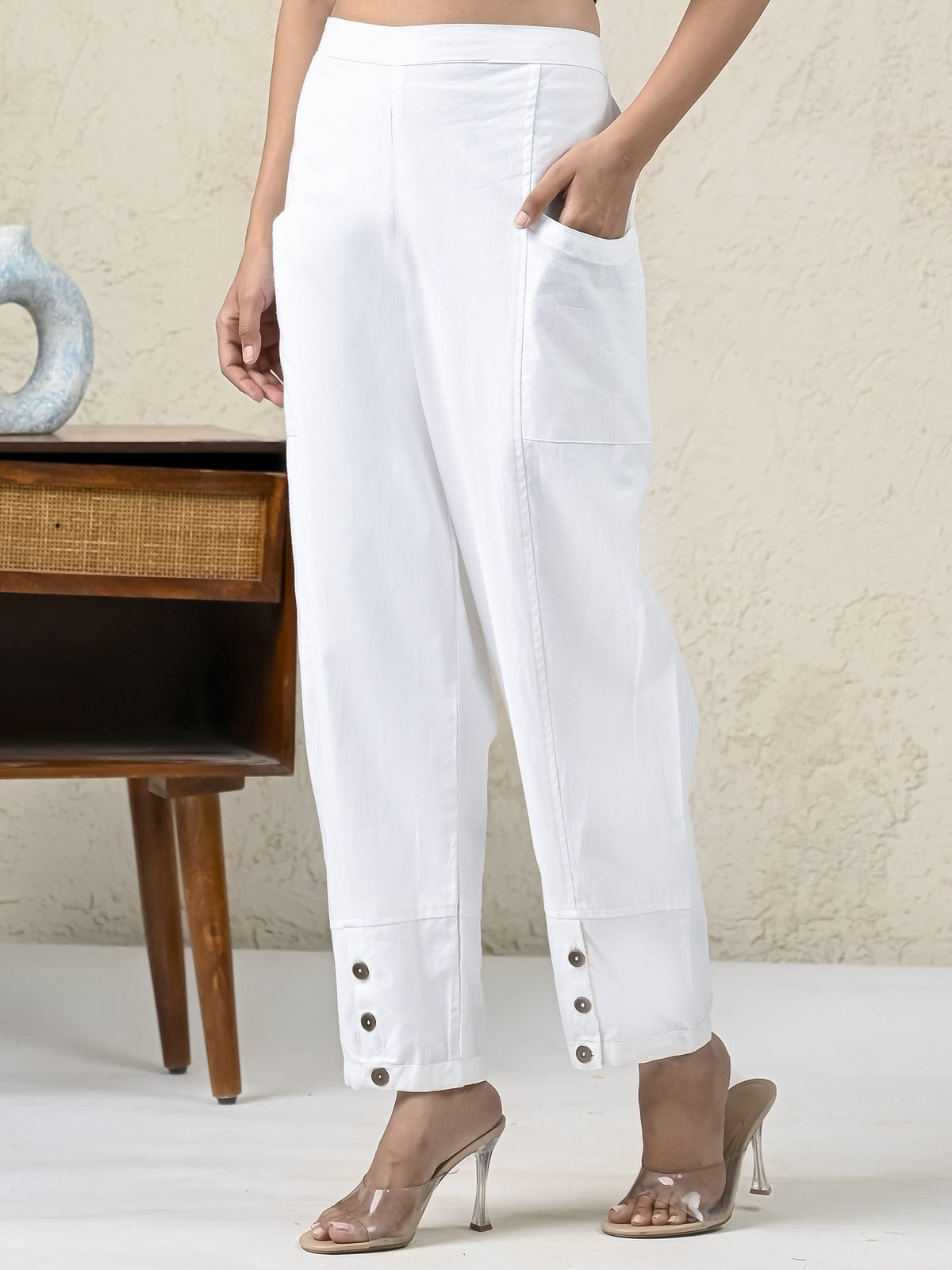 Mehndi & White Cotton Straight Cargo Pant Combo