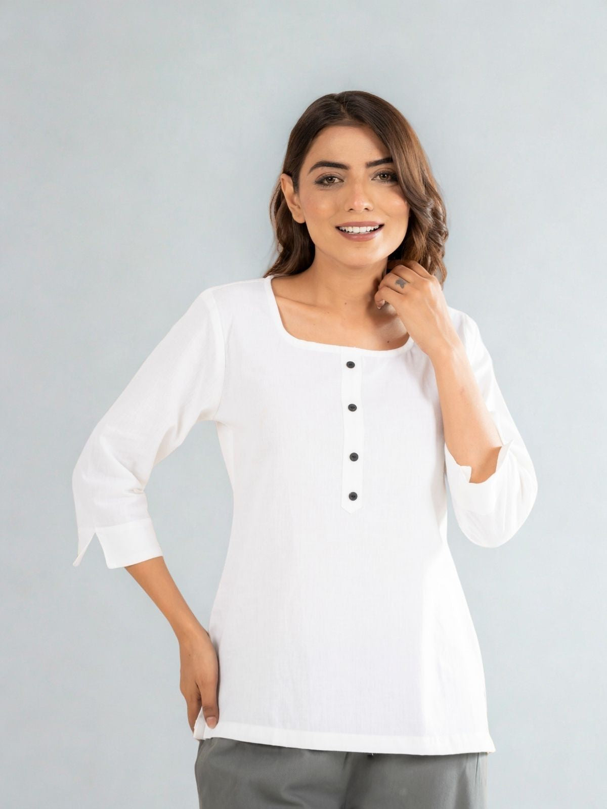 Light Brown & White  Everyday Cotton Square Neck Top