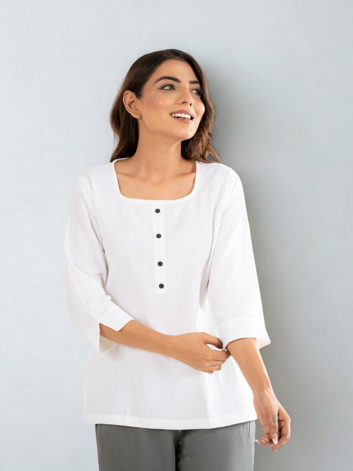 Light Peach & White  Everyday Cotton Square Neck Top