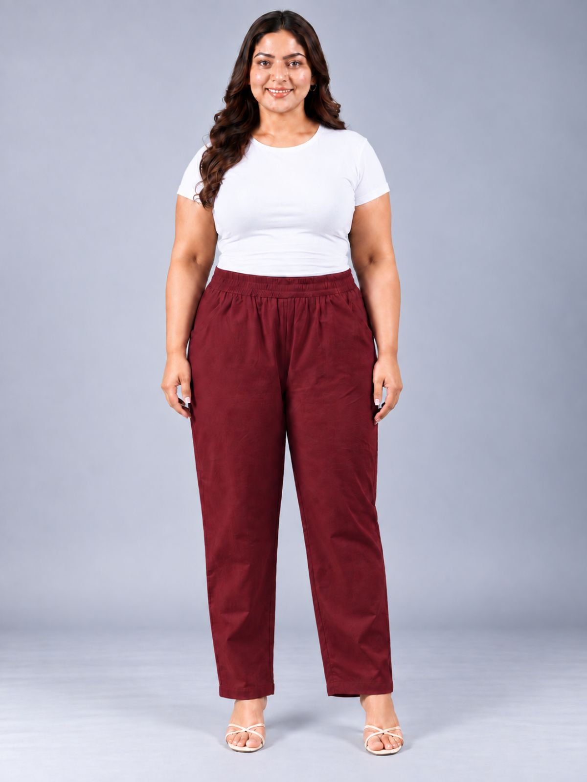 Wine Round Elastic Plus Sizes Cotton Trouser