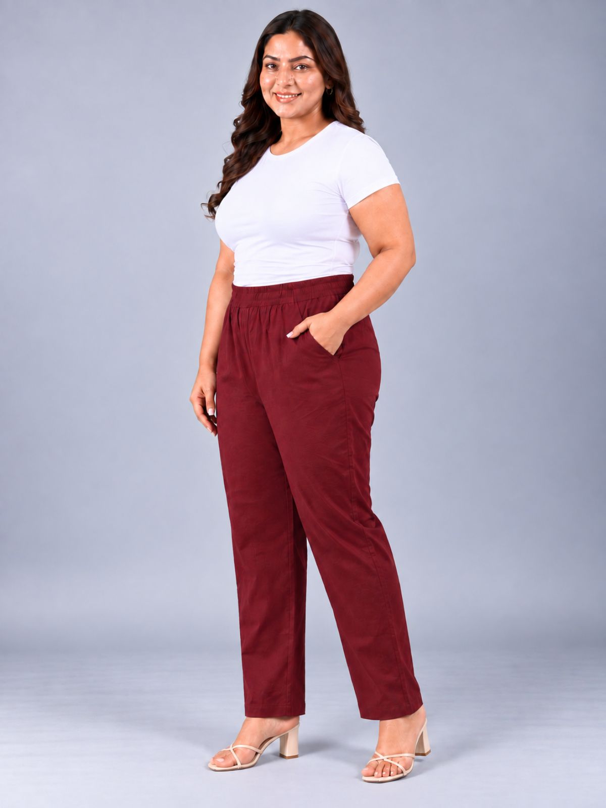Wine Round Elastic Plus Sizes Cotton Trouser