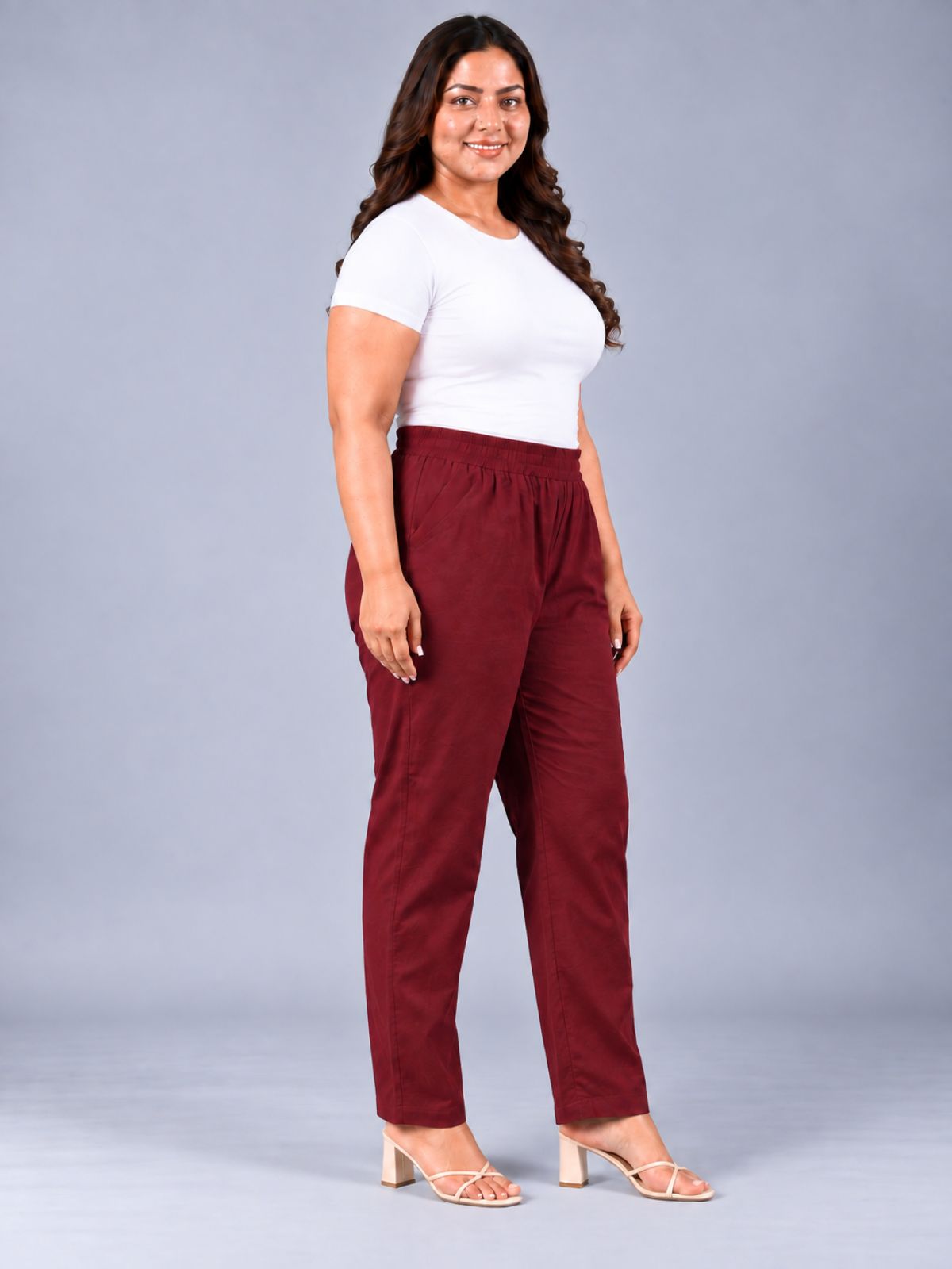 Wine Round Elastic Plus Sizes Cotton Trouser