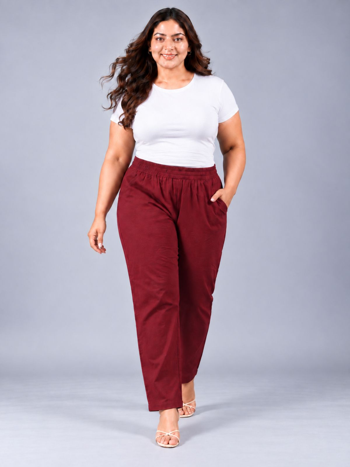 Wine Round Elastic Plus Sizes Cotton Trouser