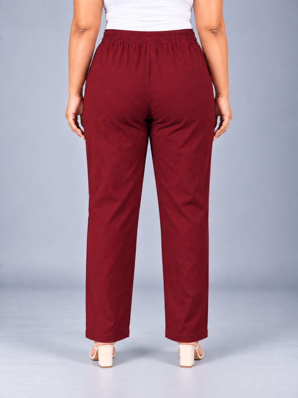 Wine Round Elastic Plus Sizes Cotton Trouser