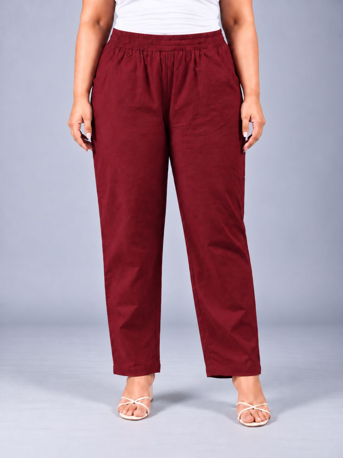 Wine Round Elastic Plus Sizes Cotton Trouser