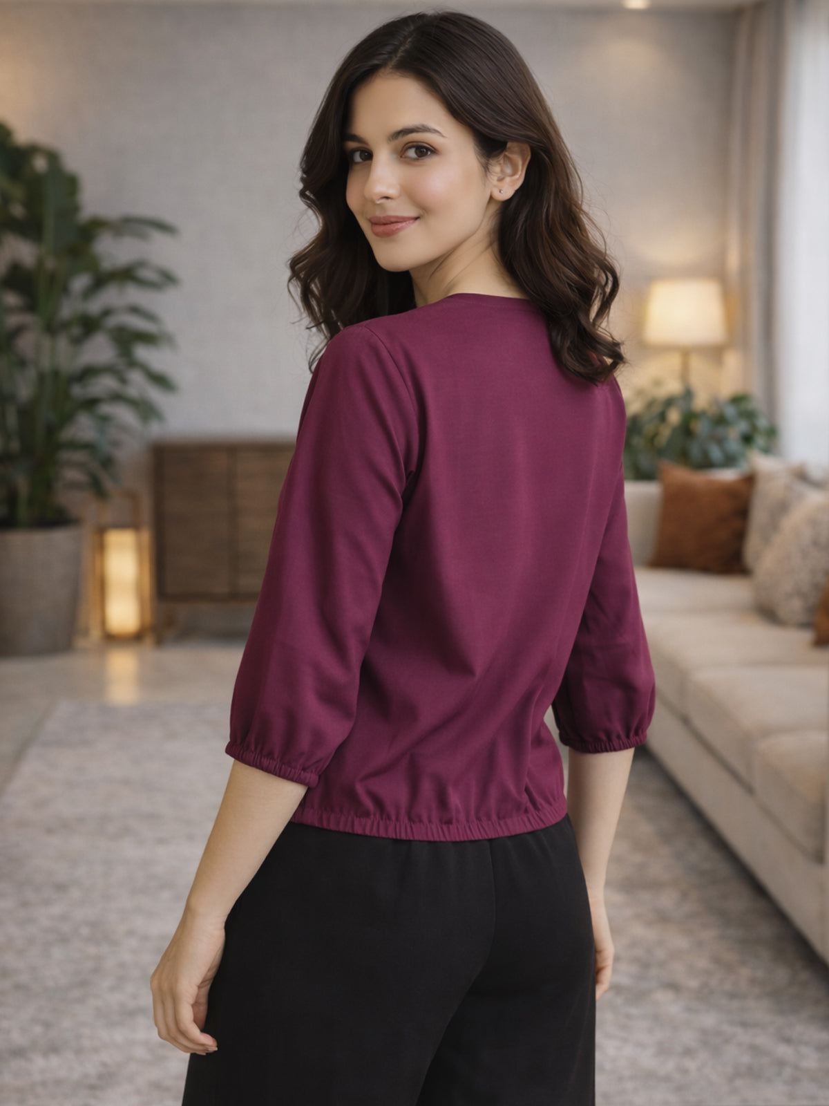 Magenta Viscose Elastic Waist Tops