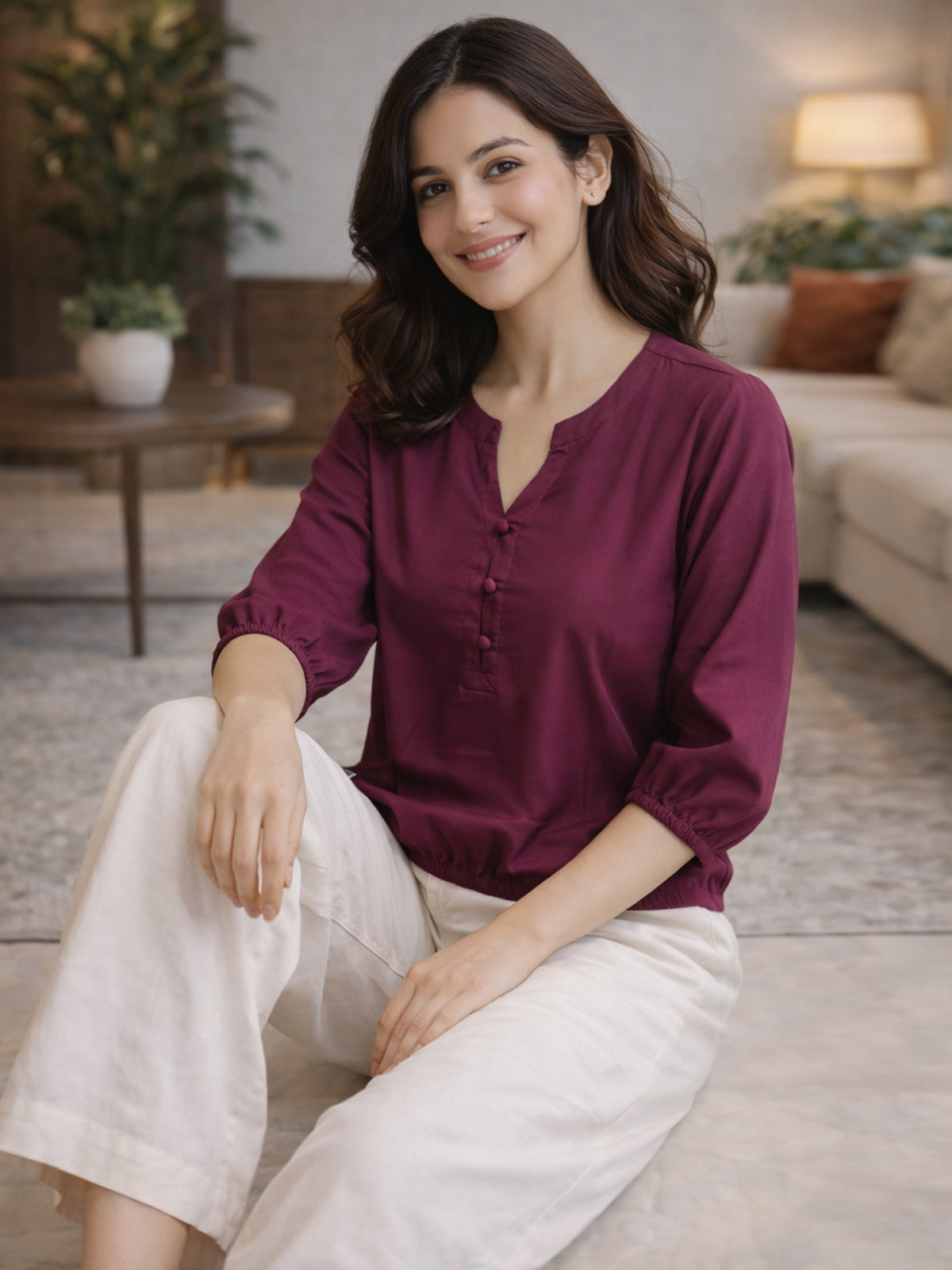Magenta Viscose Elastic Waist Tops