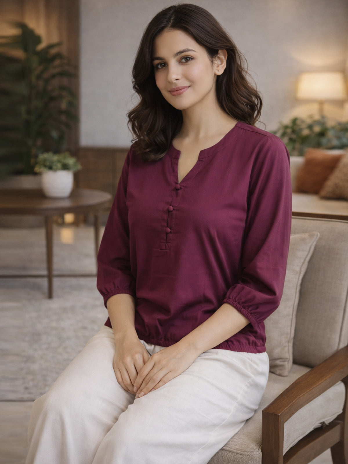 Magenta Viscose Elastic Waist Tops