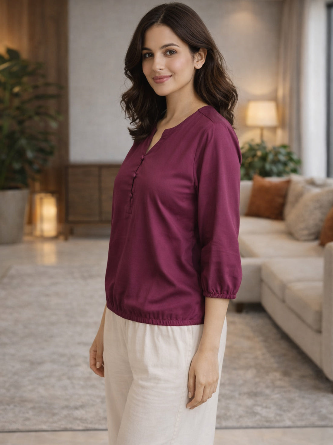 Magenta Viscose Elastic Waist Tops