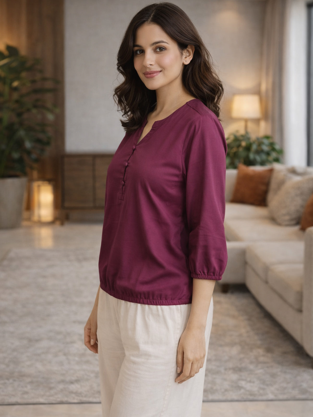 Magenta Viscose Elastic Waist Tops