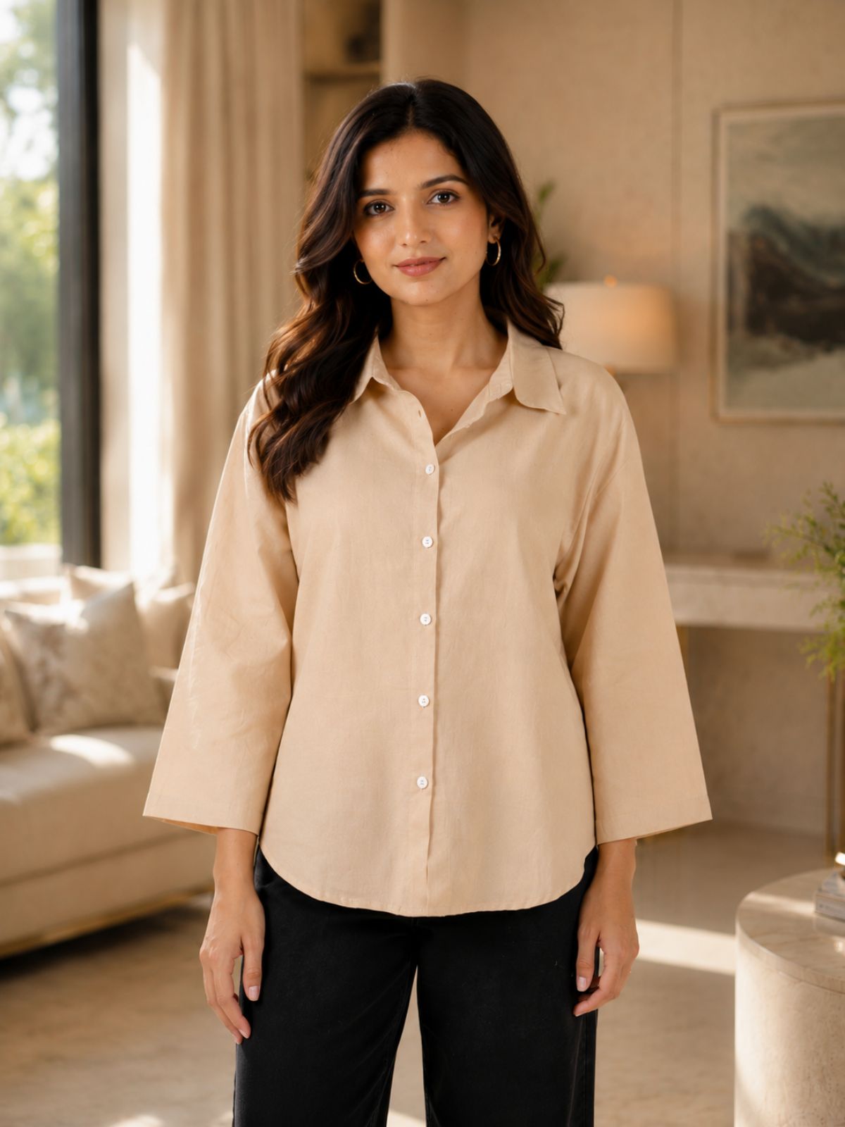 Beige Cotton bell Sleeves Shirts