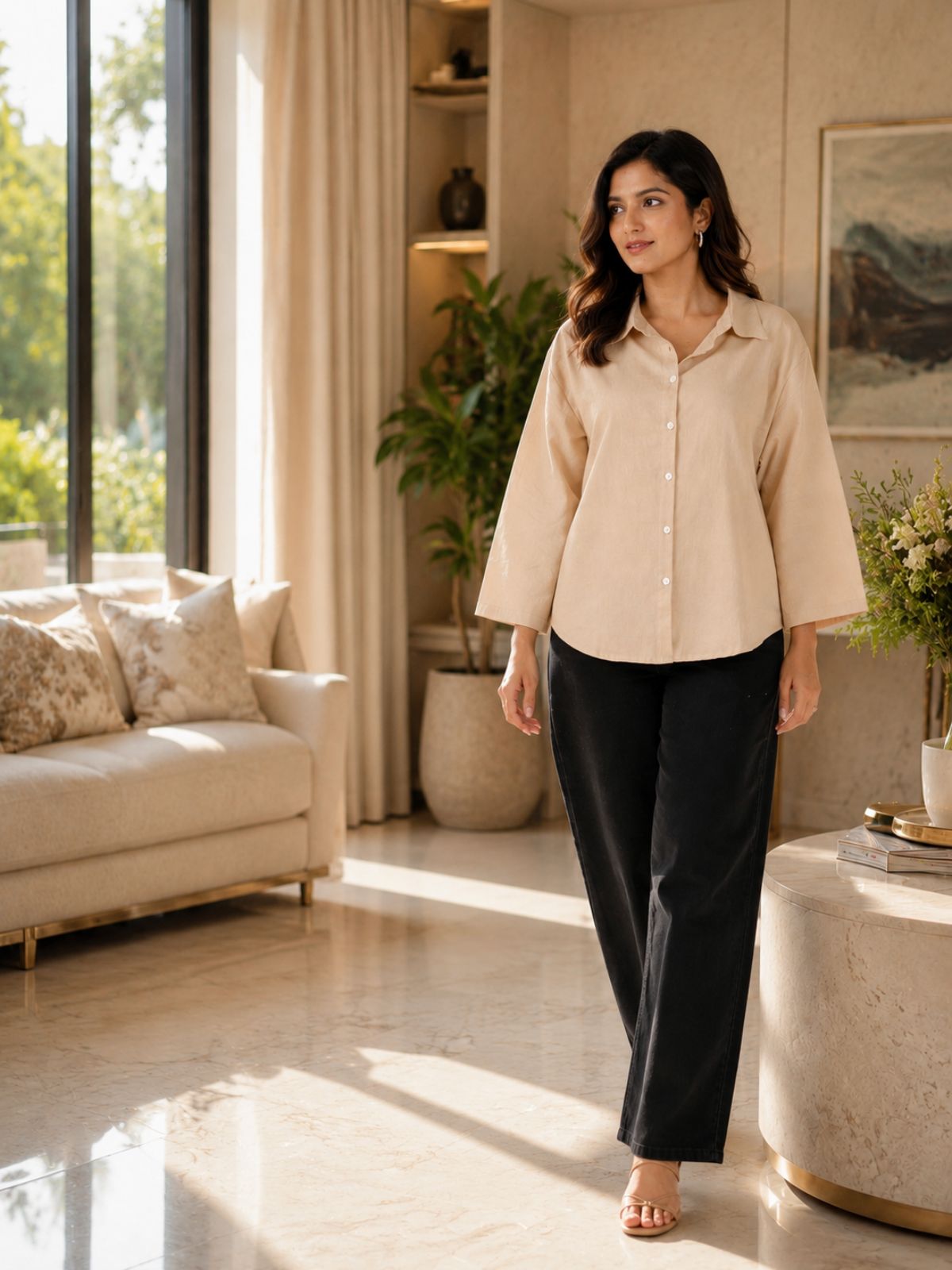Beige Cotton bell Sleeves Shirts