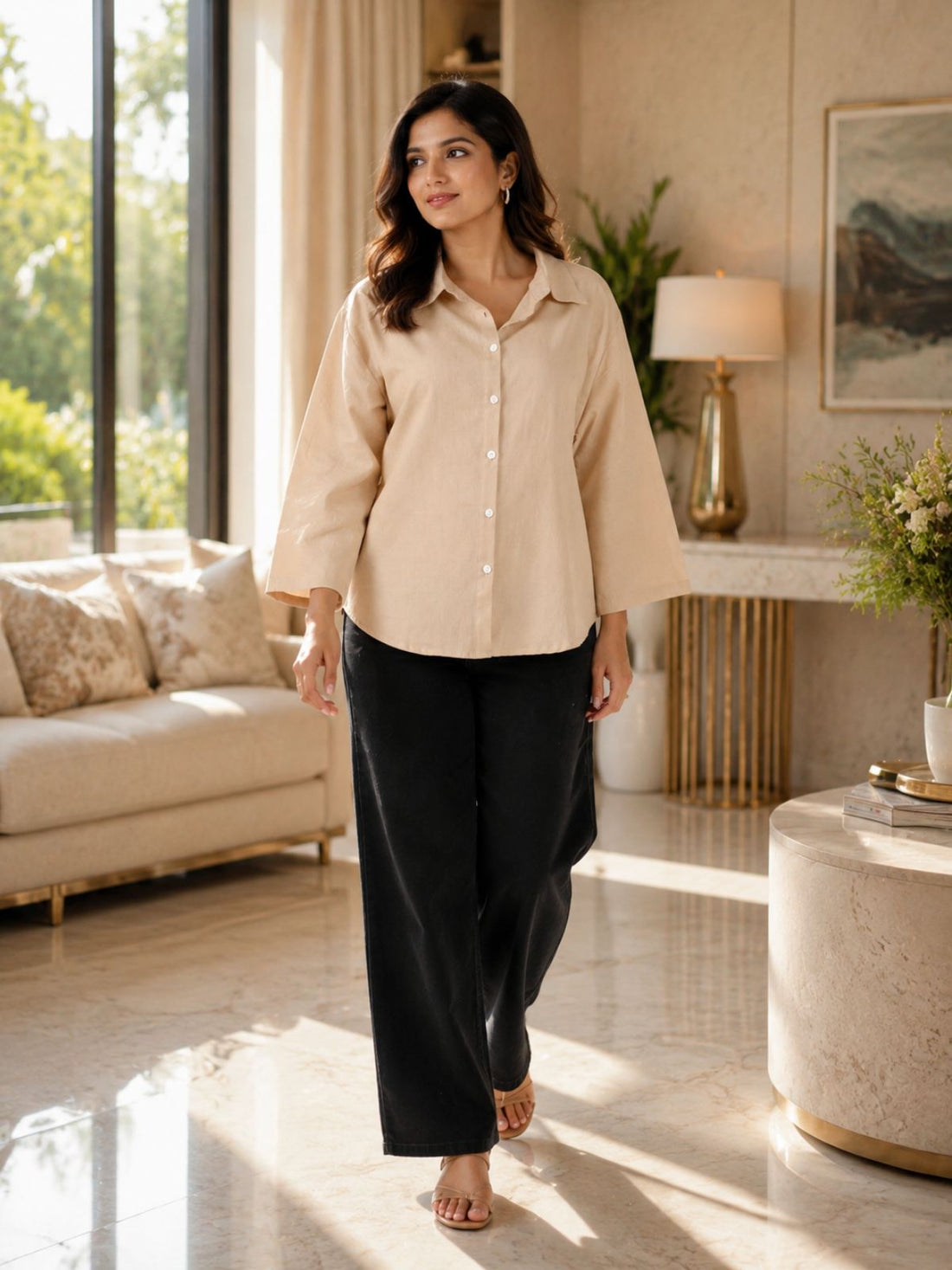 Beige Cotton bell Sleeves Shirts