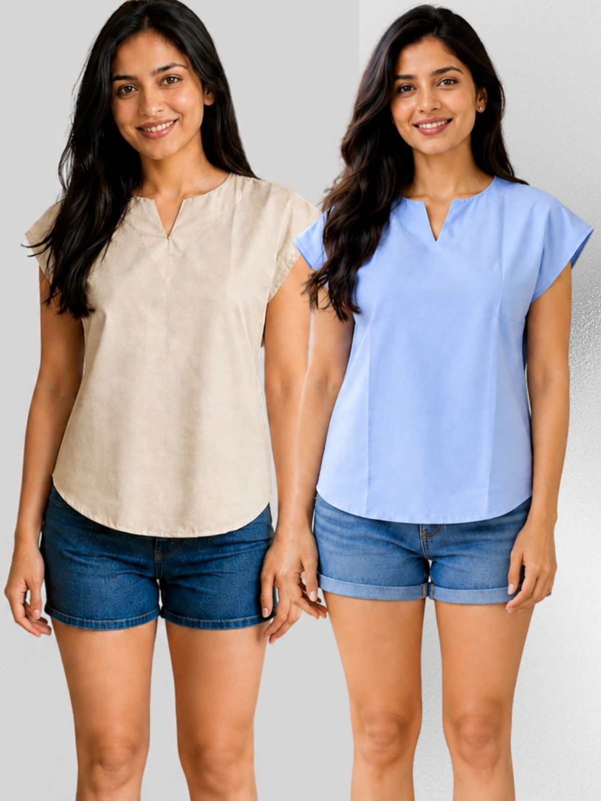 Beige & Dark Blue Cotton Blends Tops Combo