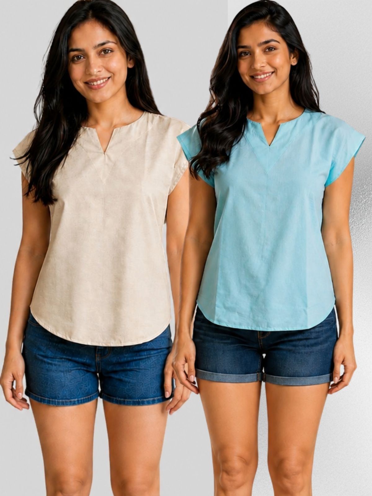 Beige & Light Green Cotton Blends Tops Combo