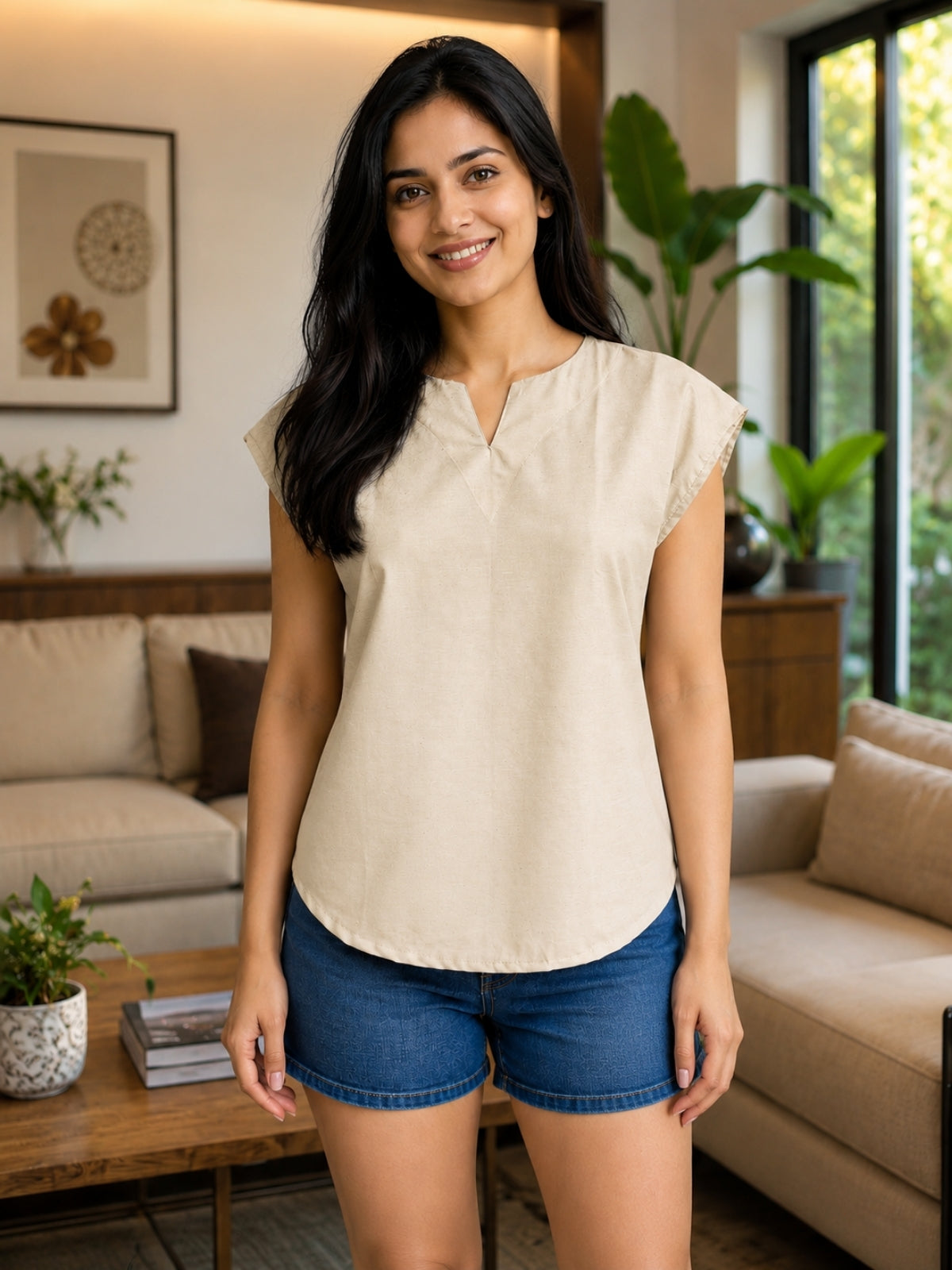 Beige Cotton Blends Top