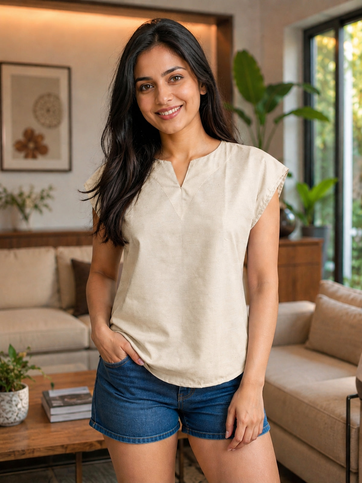 Beige Cotton Blends Top